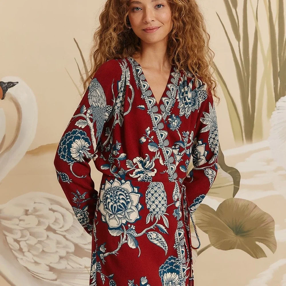 FARM Rio Red Floral Wrap Long Sleeve Dress - Picture 5 of 8